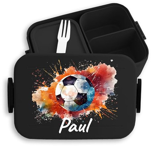 Kinder Bento Box Midi Lunchbox für Mepal Bentobox - Fußball Brotdose mit Name personalisiert I Geschenk Fussball Geschenke - 900 ml - Schwarz - brotbüchse junge schule butterbrotdose grundschule