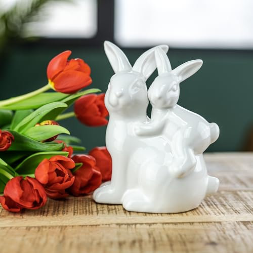 Keramik Osterdeko Hasen Huckepack 17 x 9cm weiß Dekofigur Oster-Dekoration Tisch-Deko Osterhase