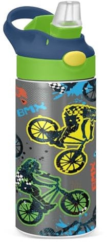 Kcldeci Bouteille d'eau isotherme avec paille pour le sport et les voyages, garçon sur vélo, BMX, sport, bouteille d'eau garde au froid pendant 24 heures et au chaud