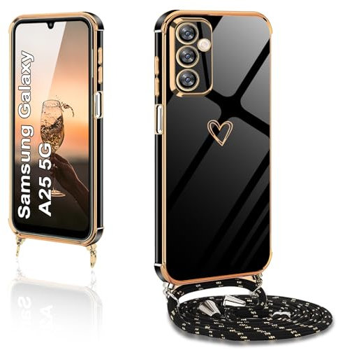 XCYYOO Funda con Cordón para Samsung Galaxy A25 5G,Funda Samsung Galaxy A25 Cuerda Colgante Ajustable Collar Carcasa Correa Antigolpes Suave TPU Silicona Funda para Samsung Galaxy A25 5G,Schwarz