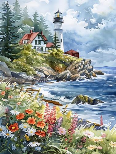 AMBATTERY Knüpfen Set Erwachsene Ölgemälde „Leuchtturm Am Meer“ Knüpfteppich Für Erwachsene Zum Selber Knüpfen, DIY Knüpfsets Kreuzstich Teppich Set Mit Werkzeug Latch Hook Kit 31x45in