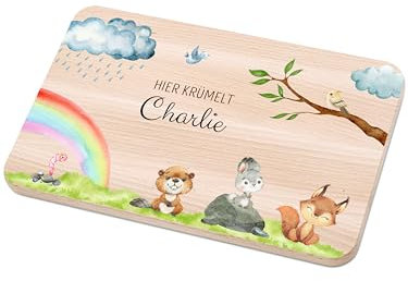 Bärenfreunde - Individuelles Holzbrett mit hochwertigem Spezial-Druck für Kinder - Personalisiertes Frühstücksbrettchen - Niedliche Motiv-Brettchen mit Namen (Tiere Regenbogen Wolken)