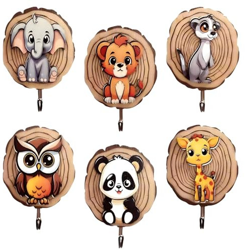 6 Stück Kinder Kleiderhaken, Wandhaken, Holz Kleiderhaken, Kinderzimmer Deco Geschenk, Ohne Bohren Kleiderhaken, Selbstklebender Haken für Schlafzimmer, Badezimmer, Kleiderschrank, Wohnzimmer