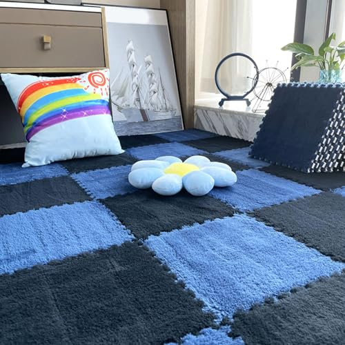Amacthysh 200 Pcs Plush Foam Interlocking Floor Mat, Puzzle Bedside Floor Cushion, Play Mat, Interlocking Carpet, 12x12 Inch (Size: 0.39 inch, Color: Black + Navy Blue)