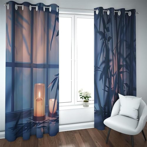 YUNART Rideaux occultants Bleus de Style Japonais Réduire Le Bruit Rideaux Ensemble de 2 Panneaux Zen Rideaux à Isolation Thermique pour Porte coulissante 2X W117xL183cm