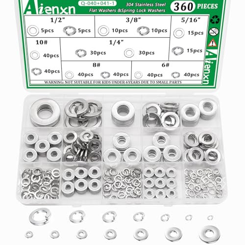 Aienxn Kit assortito di rondelle piatte e rondelle di bloccaggio a molla, rondelle piatte in acciaio inox 304 per viti, 7 rondelle di dimensioni SAE per bulloni -1/2, 3/8, 5/16, 1/4, 10#, 8#, 6#, set