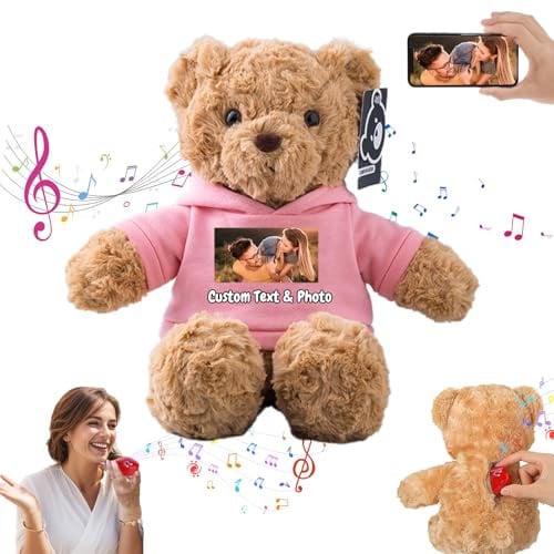 MeterBear Personalisierter Teddybär mit Aufzeichnung für Frauen Männer, Personalisierte Plüschbär mit Schleife mit Foto+Text als Geschenk für Weihnachten Valentinstag (26cm-Foto+Text)