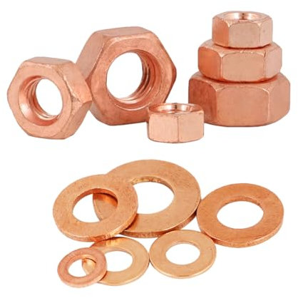 Foyoram Lot de 2 écrous hexagonaux M10 en cuivre - Rondelles plates - Filetage métrique Cu-ETP (M10,2)