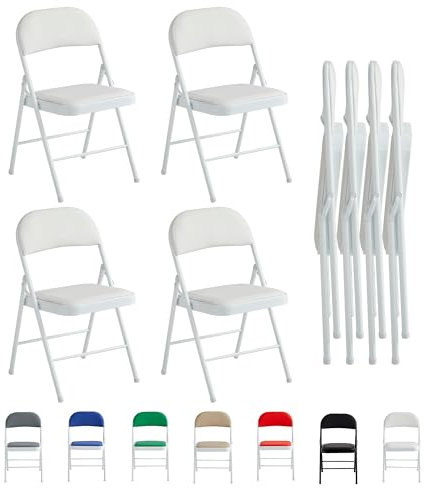 mcc direct Set of 4 Folding Chairs, Faux Leather Foldable Chairs with Metal Frame and Padded Seat, Easy to Fold and Store for Home, Office, Dining and Reception (White)