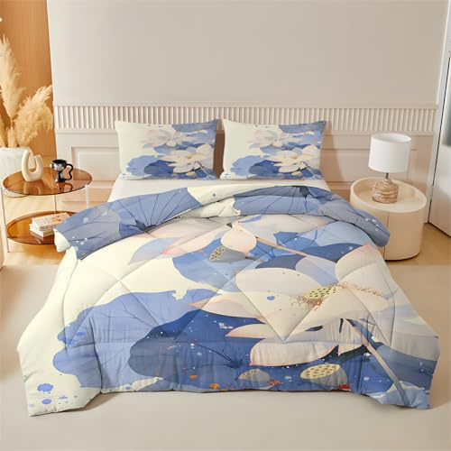 Syhi Qlty Couette 220x240 Botanique, Edredon Bleu Et Rose Réversible - Couette 2 Personnes Doux Imprimée Floral 4 Saisons avec 2 Taies d'oreiller, Lavable en Machine, A11