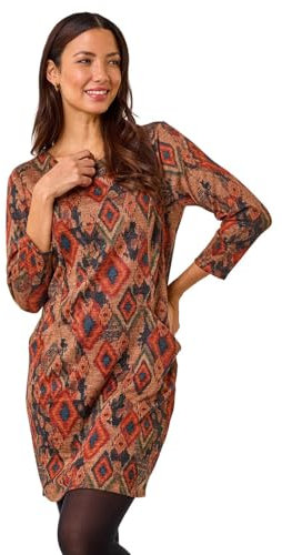 Roman Originals Women Shift Dress with Pockets - Ladies Autumn Winter Tunic 3/4 Length Sleeve Knee Length Smart Casual Office Work Cocktail Party Round Neckline Comfy Soft - Tan - Size 18