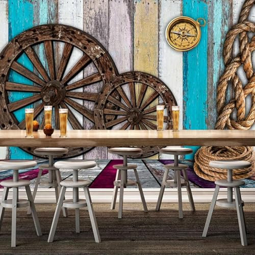 XLMING Vintage Nostalgie Rad Seil Holzmaserung Holzbretter 3D Dekorative Tapete Speisesaal Arbeitszimmer Wohnzimmer Schlafzimmer Sofa TV Wand-300cm×210cm