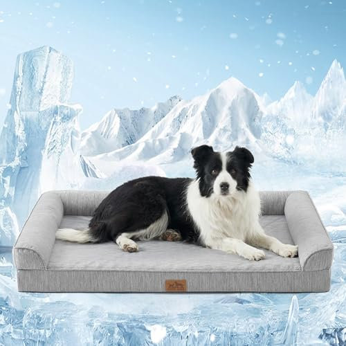 COZY KISS Kühlbett für Hunde, Orthopädisches Hundebett Großes Hunde, Hundecouch mit Eierförmiger Kistenschaum, Hundesofa mit Abnehmbarer Bezug und wasserdichte Innenlage, Silbergrau (XL,107x76x18cm)