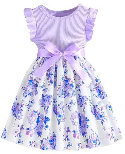 Codkkre Vestito Bowknot con Maniche a Balze Bambina A-Line con Fiori, Abito da Principessa da Festa 4-8 Anni