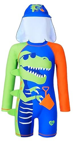 OXUBOAO Boys One Piece Swimming Costume Kids Dinosaur Swimsuit Long Sleeve Rash Guard UPF 50+ Bathing Suit with Swim Cap (Blue, 6-7T)