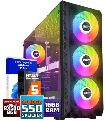 GMR AMD Ryzen 5 2600X, AMD Radeon RX 580 8 GB, 16 GB de RAM, 1000 GB SSD, A320 placa base - Potente PC Gaming para jugadores con Windows 11 Pro y fuente de alimentación de 500 W