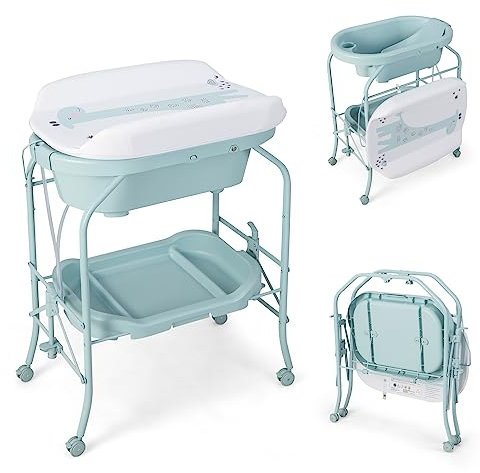 COSTWAY Table à Langer 2 en 1 avec Baignoire 20L Plateau de Rangement, Commode à Langer Pliable Couches Étanches Roue Universelle à Frein Charge 35KG, pour Bébé 0-12 Mois (Bleu)
