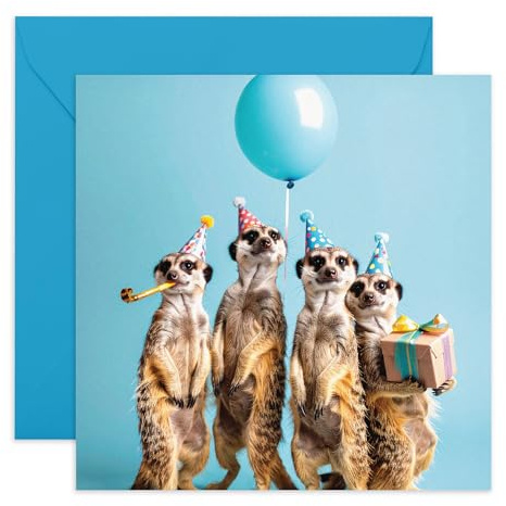 Süße Geburtstagskarte - Erdmännchen Partykarte mit Ballon & Geschenk - Schöne Grußkarte für Sie und Ihn, Jungen, Mädchen, Nichte, Neffe, Frauen, Männer - Tierliebhaber - Kommt mit Aufklebern