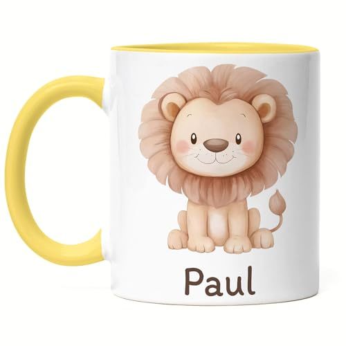 Kiddle-Design Kindertasse mit Namen Personalisiert, Personalisierte Tasse Kinder mit Löwe, Namenstasse Löwetasse, Kinderbecher als Geschenk zur Geburt, Taufe Weihnachten - Tasse Gelb