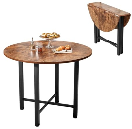 Mesa redonda de comedor para 3-5 personas, mesa de comedor plegable de 92 cm, mesa de cocina de madera, mesa extraíble con patas de metal sólido, estilo retro, pequeña mesa de comedor compacta para