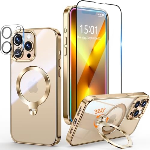Yoouther 3 in 1 Magnetische Hülle für iPhone 13 Pro Max 6.7 [360° CD Unsichtbarer Drehständer für MagSafe] [Mit Stück Schutzfolie & Kameraschutz] [Nie Vergilbung] Militärschutz Stoßfest, Gold
