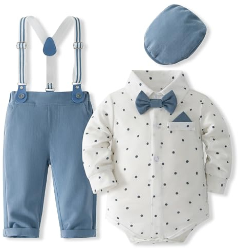 Fohuanky Baby Boy Formales Outfit Gentlemen Kleidung Set Strampler Hemd mit Fliege Hosenträger Hose & Hut für Hochzeit Geburtstag Party