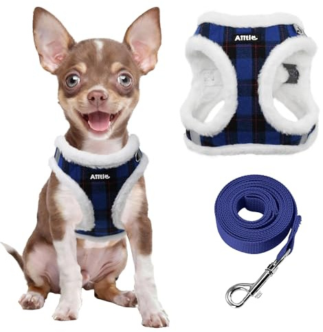 AIITLE Step-in Plüsch-Hundegeschirr mit Leine Winter, Blau S | Karomuster, weich & warm, reflektierend, zugfrei, sicher mit Klettverschluss, verstellbar für sehr kleine Hunde – Spaziergang