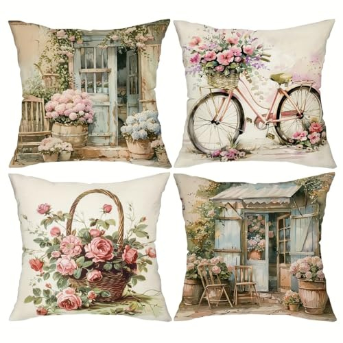 Kissenbezug 40x40 4er Set Leinen mit zartem Blumenmuster für das Wohnzimmer | Natürliches ventilierendes Leinen, stilvolle Raumaufwertung und passendes Geschenkset
