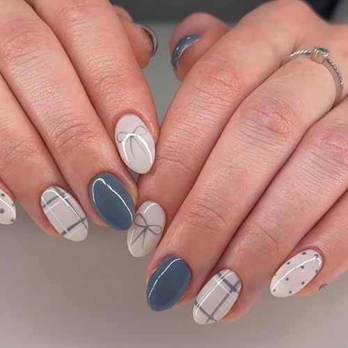 Zosutetoxo Faux ongles, 24 pièces ongles à coller press on oval en bleu foncé avec nœud blanc, ongles en gel à coller brillants