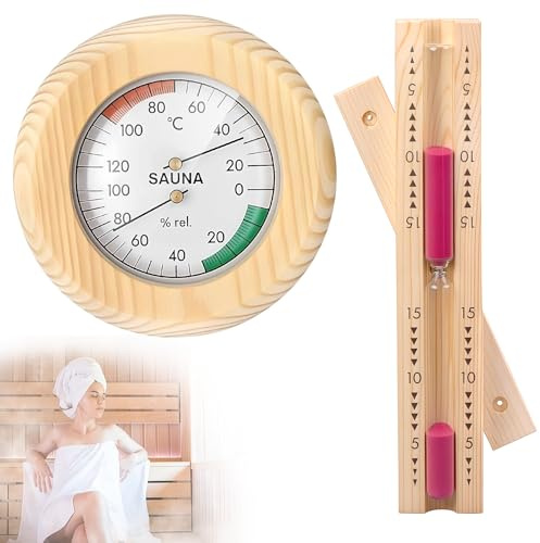 2-in-1 Sauna Accessories, Sauna Thermometer Hygrometer and 15-Minute Wooden Sauna Hourglass Timer, Wall-Mounted Sauna Thermometer & Sauna Timer for Steam Room Sauna Room