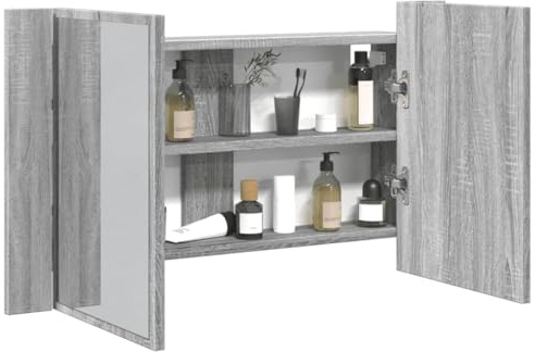 Mhdvray LED Spiegelschrank Grau Sonoma 80x12x45 cm aus Holzwerkstoff mit RGB Beleuchtung und 2 Böden platzsparend für Badezimmer Gäste WC Flur