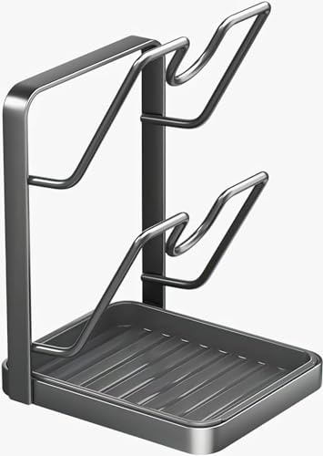 Kitchen Pot Lid Storage Rack, Stainless Steel Pot Lid Holder, Multifunctional Pots Lids Organizer Rack with Removable Drip Tray for Countertop and Stove Top, Promoting A Clutter Environment (Black)