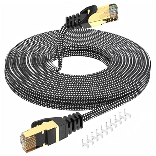 LLQINV CAT 8 Ethernet Cable 10m 40Gbps 2000MHz High Speed Flat Braided RJ45 Lan Network Cable for Gaming, PS5, Xbox, Router, Modem, PC, Smart TV with cable clips