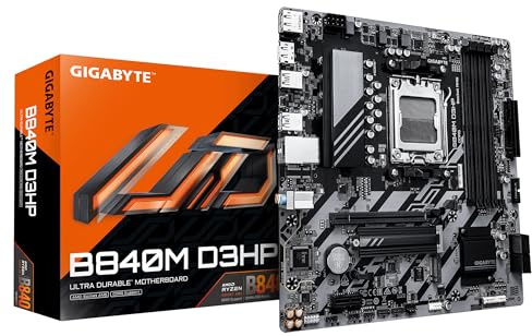 GIGABYTE B840M D3HP Mainboard – AMD Ryzen 9000 CPUs, 8+2+2-Phasen-VRM, bis zu 8200 MHz DDR5 (O.C.), 2× PCIe-4.0-M.2, 1-GbE-LAN, USB 3.2 Gen 2