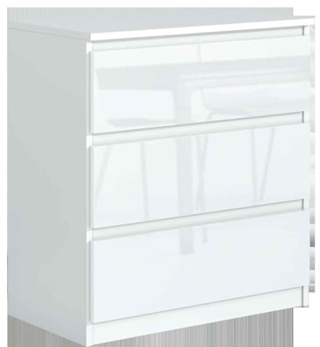 Masseno Kommode NUDO 70 cm Sideboard mit 3 Schubladen und Türen für Wohnzimmer Schlafzimmer Modern 70x39x78,5 cm Weiß/Weiß
