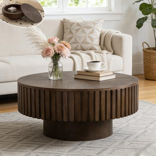 YAOBAO Runder Geriffelter Couchtisch Holz mit Staufach 80 cm für Wohnzimmer