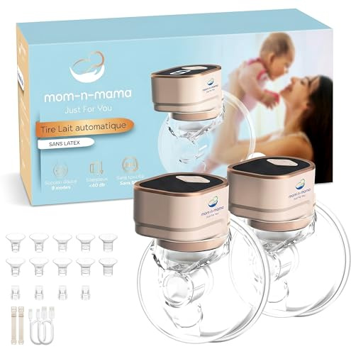 Mom-n-Mama Tire-lait Électrique Main Libre, Tire-lait Portable arret automatique, Pompe Électrique Sans Fil, 3 Modes 9 Niveaux d’Aspiration, capacité 240 ml, silencien 40 db (beige, 2 Pièces)