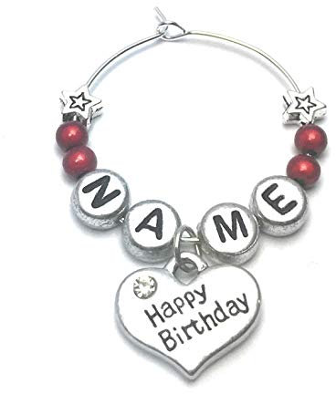 Libby's Market Place Personalised Name Happy Birthday Wine Glass Charm with Stars on a Gift Card