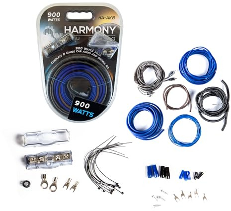 8 Gauge Amp Kit CCA Amplifier Wiring Kit RCA Cables 900W Harmony Audio | Complete AWG Install Set for Car Subwoofer Systems, Full Power Hookup for Bass Builds, Strong Value