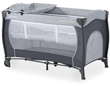 hauck Kinderreisebett Sleep N Play Center mit Neugeboreneneinhang, Wickelauflage, Tragetasche, Rollen, Schlupf, Klein Zusammenklappbar, Baby Reisebett Kleinkind ab Geburt bis 15 kg (Stone)