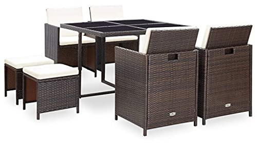 vidaXL 9-TLG. Garten-Essgruppe mit Auflagen Poly Rattan Braun