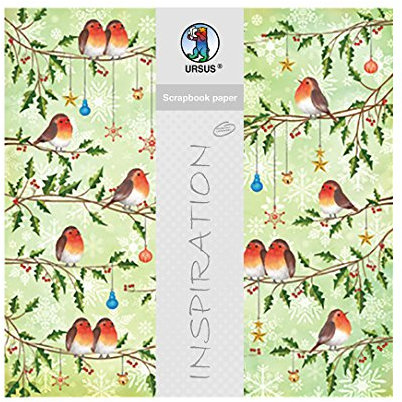 Ursus 703000312 - Premium Glitter Scrapbook paper, Christmas robin, ca. 30,5 x 30,5 cm, 190 g/qm, 5 Blatt mit Banderole, beidseitig bedruckt, Vorderseite mit Glitter veredelt, Motiv 312