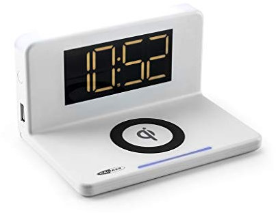 Caliber - Radio réveil numerique - Reveil Digital - Double Alarme - Chargeur USB - Écran LED graduable - Chargeur Induction - Blanc - 140 x 100 x 75 mm