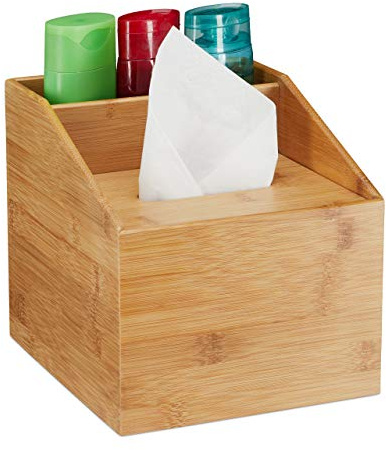 Relaxdays 10028808 distributeur de mouchoir en bambou, 2 compartiments, couvercle, organiseur de table, 20 x 19,5 x 22 cm, nature, 1 Boîte
