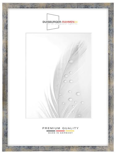 Duisburger-Rahmen24 DR24 Cadre Photo 50x60 (Bleu Argent Or) sur Mesure, Cadre en Bois MDF de 35 mm de Largeur INCL. vitre en Verre synthétique antireflet, paroi arrière Stable, Crochets et Fixations