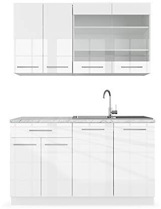 Vicco Singleküche Fame-Line, Weiß Hochglanz/Weiß, 140 cm ohne Arbeitsplatte