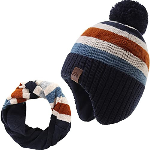 Monimo Jungen wintermütze Stricken Hut Verdicken Ohrenschützer Hut für Kinder,S-Strip Set,6-10 Jahre