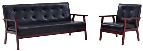 Festnight Sofa 3 Sitzer & Sessel Couch 3 1 Sofagarnitur Vintage Couchgarnitur Ledersofa Sofabank Polstersofa für Kleine Schlafzimmer Gästezimmer Büro, Schwarz Kunstleder