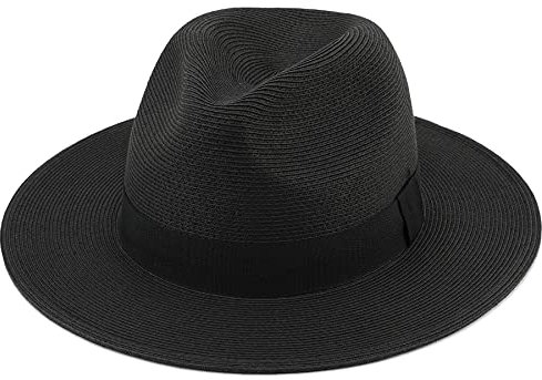 Melesh Straw Fedora Hat for Women Men Fine Braid Wide Brim Sun Beach Panama Hat, Black, M