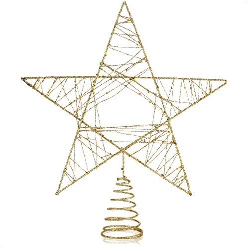 COM-FOUR® Deko Stern Weihnachten - Weihnachtsdekoration Stern aus Metall - Aufsteller Weihnachtsstern mit Glitzer und Paillette - Goldfarbene Weihnachtsbaumspitze (goldfarben/27cm)